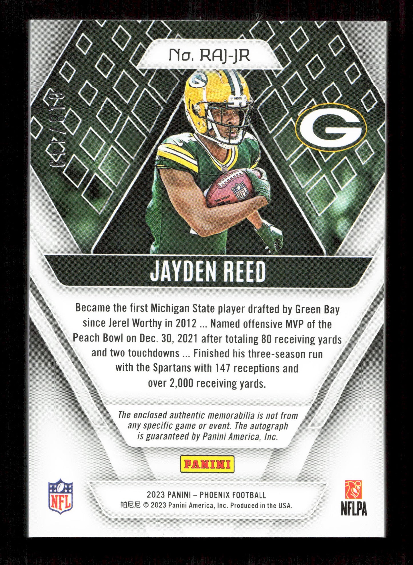 Panini Jayden Reed Autograph Relic Card /149 Panini Phoenix Football 2023