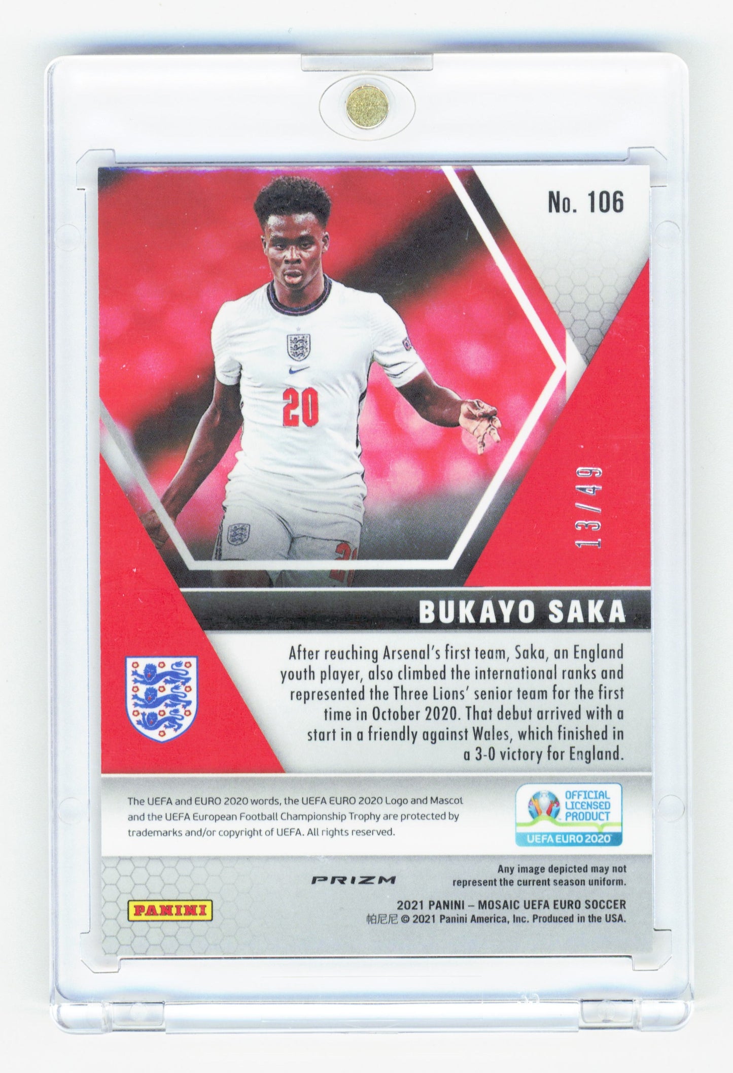 Panini Bukayo Saka Pink Mosaic Prizm /49 Panini Mosaic UEFA Euro Soccer 2021 #106