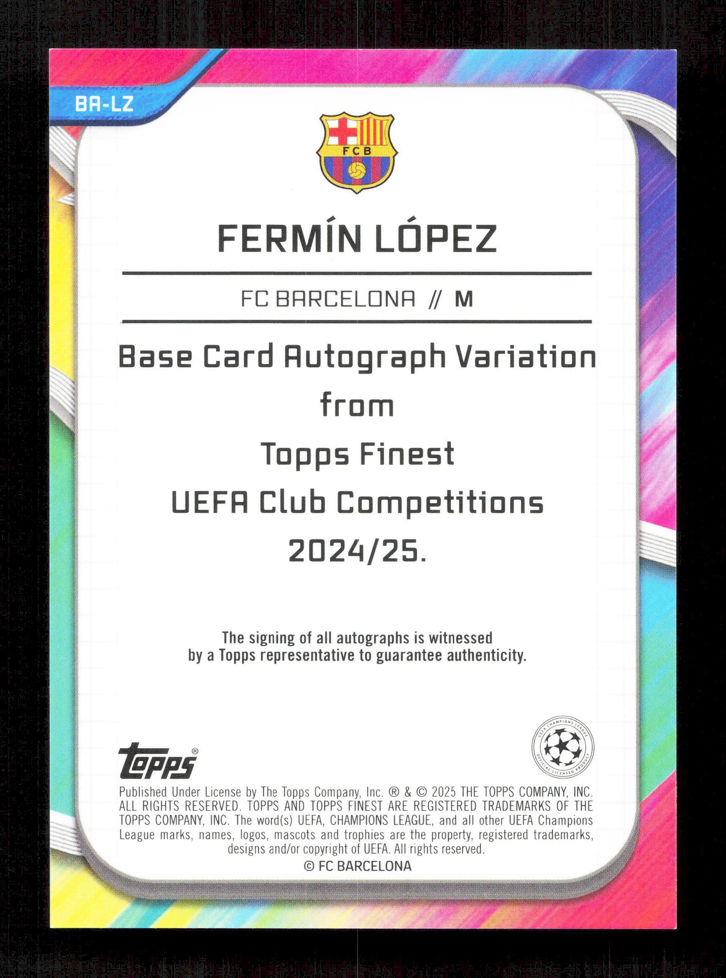 Topps Fermin Lopez Black Wave Autograph Card /10 Finest UEFA Club Competitions 2024-25