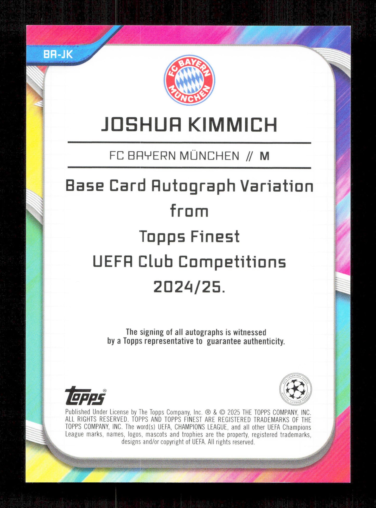 Topps Joshua kimmich Orange Wave Autograph Card /25 Finest UEFA Club Competitions 2024-25