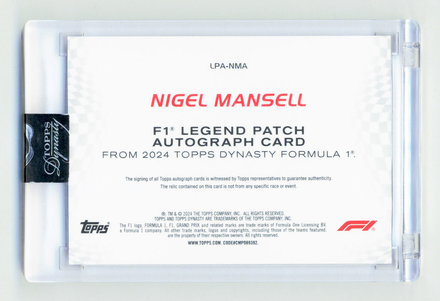 Topps Nigel Mansell F1 Legend Patch Autograph Card Dynasty Formula 1 2024