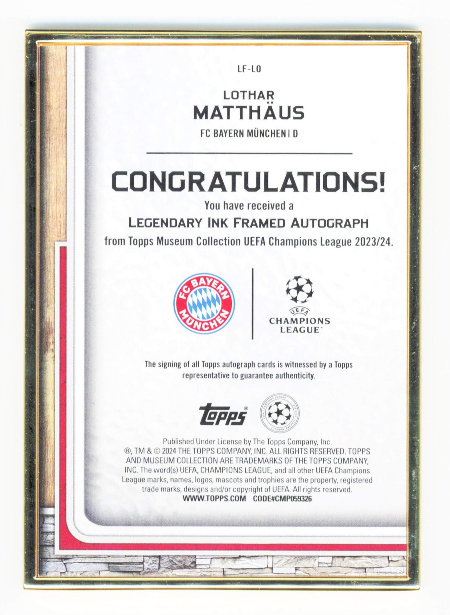 Topps Lothar Matthaus Legendary Ink Framed On Card Autograph /25 Museum Collection UEFA Champions League 2023-24