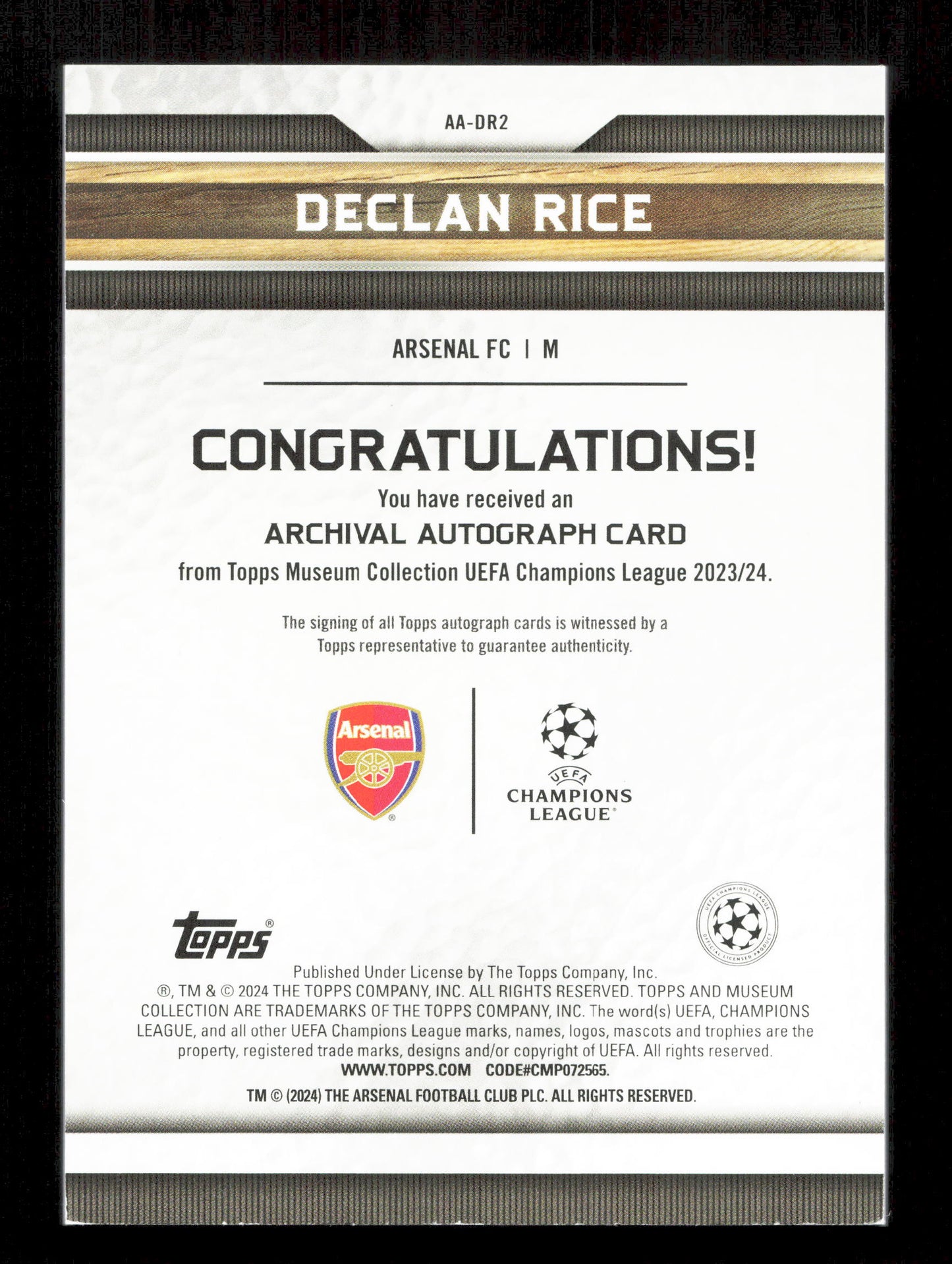 Topps Declan Rice Gold Archival Autograph Card /50 Museum Collection UEFA Champions League 2023-24