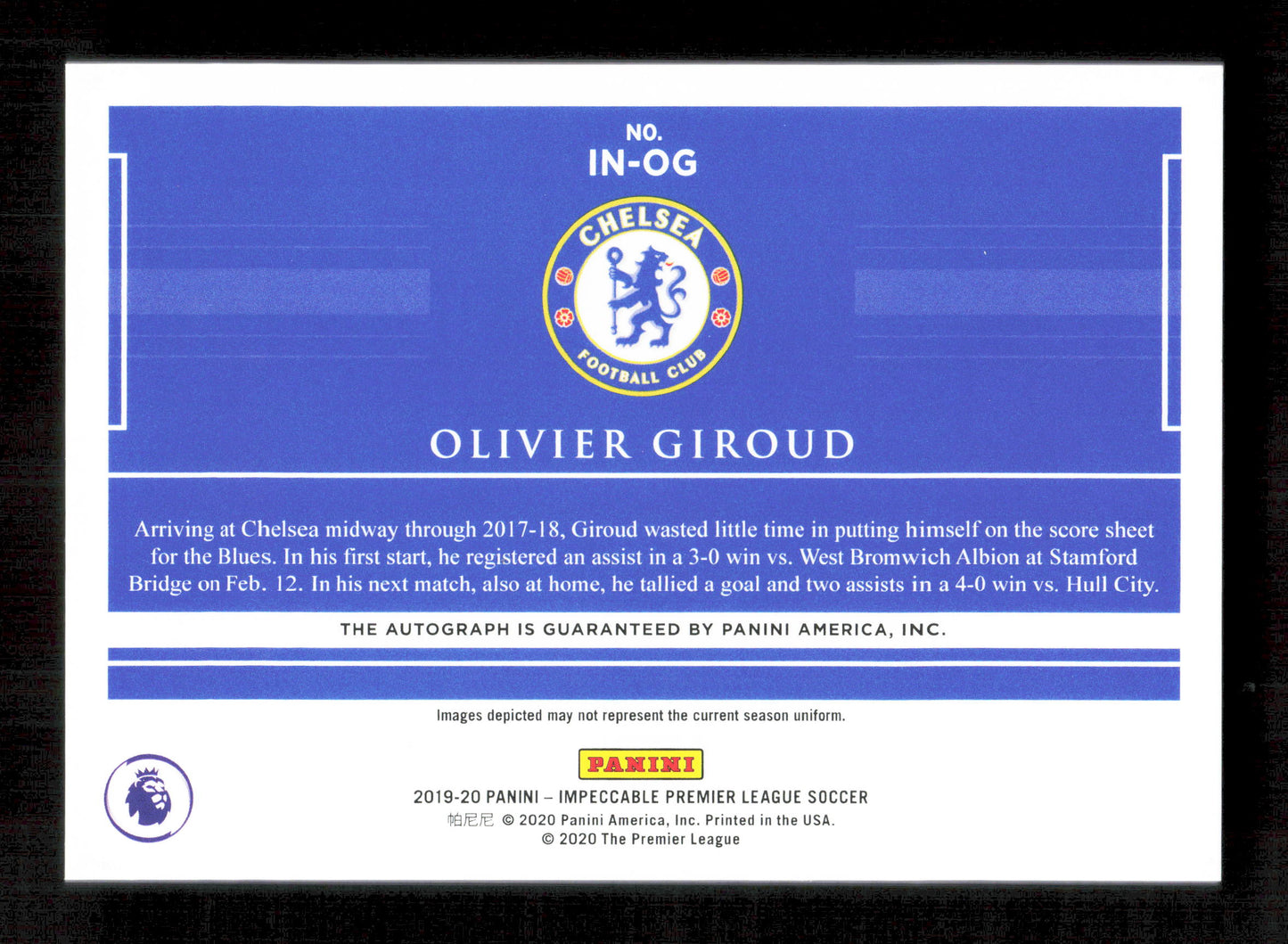 Panini Olivier Giroud Indelible Ink Card /49 Panini Impeccable Premier League 2019-20