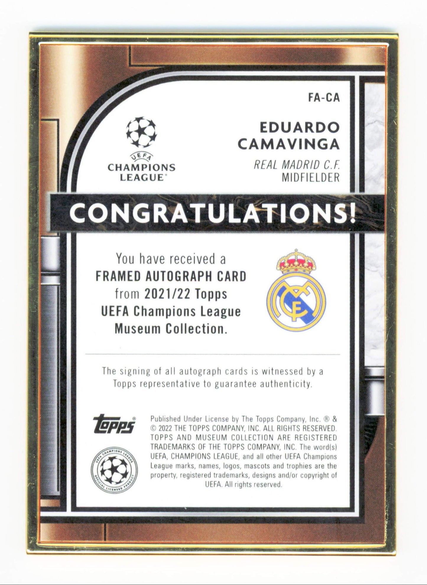 Topps Eduardo Camavinga Gold Framed Autograph Card /25 Musuem Collection UEFA Champions League 2021-22