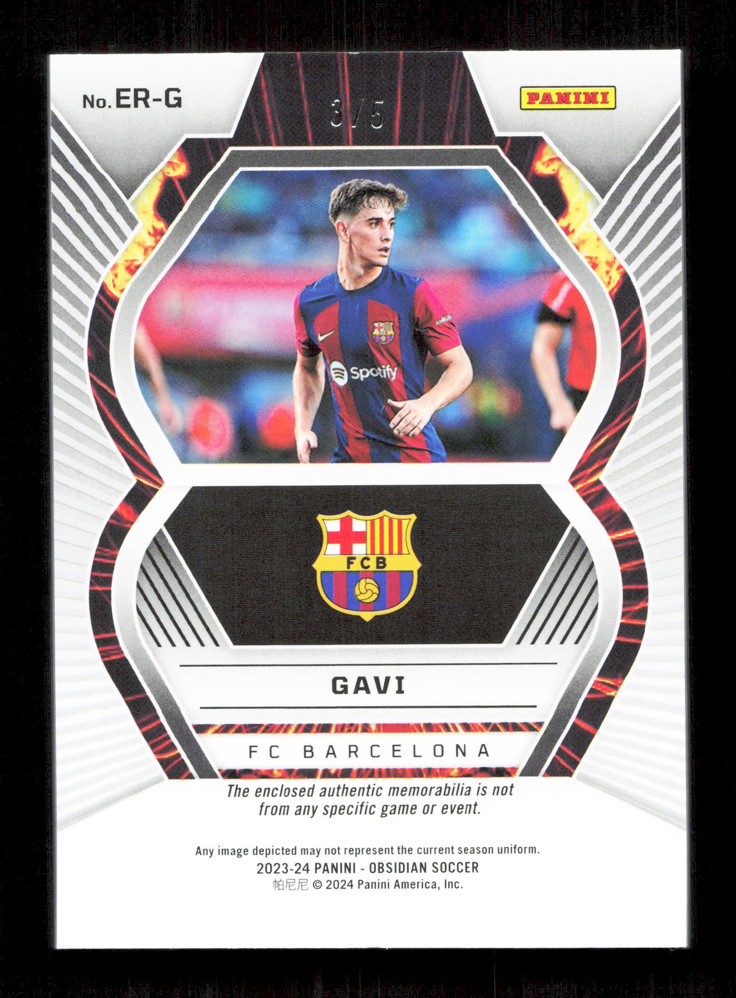 Panini Gavi Red Eruption Relic Card /5 Panini Obsidian Soccer 2023-24