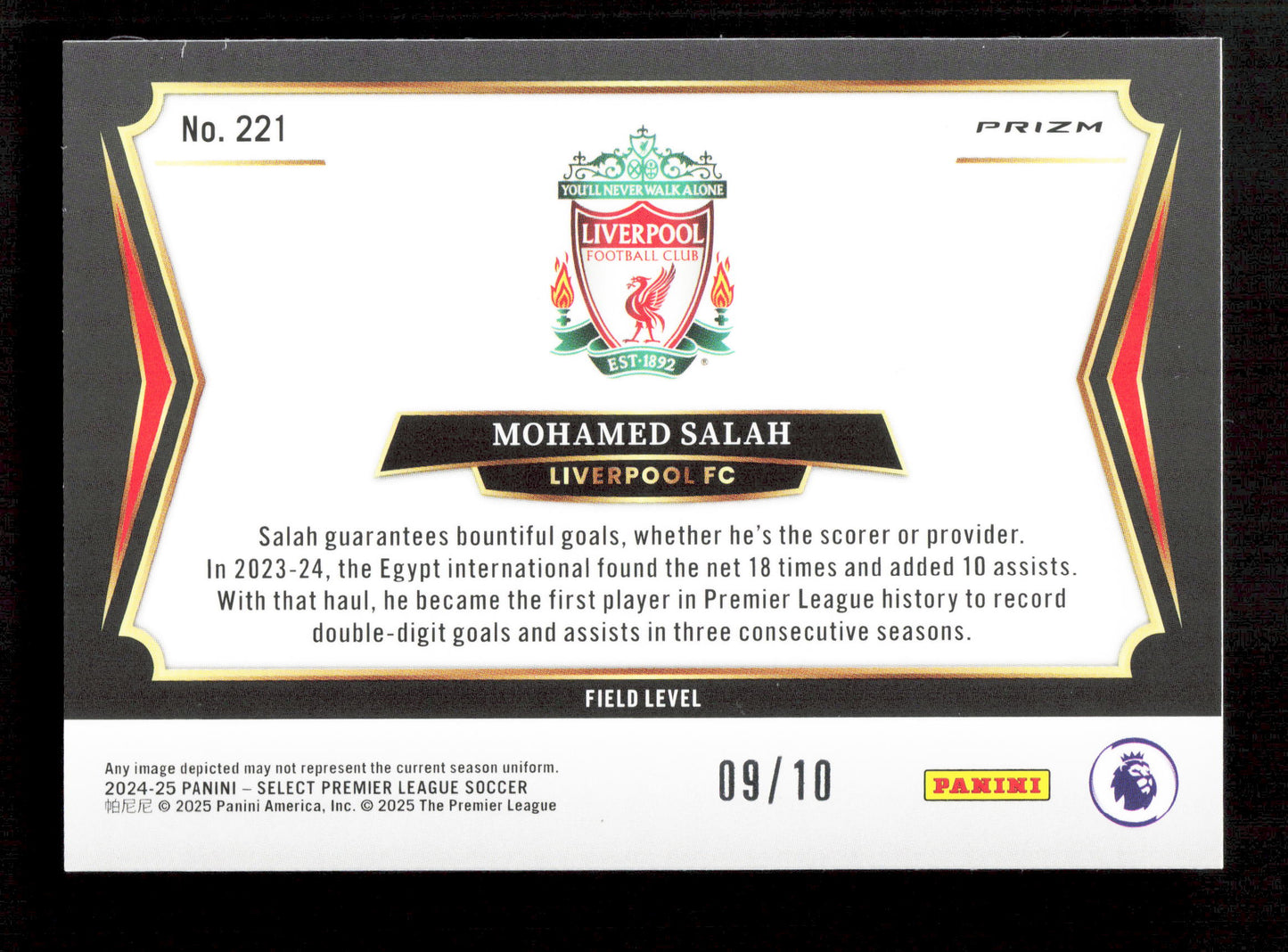 Panini Mohamed Salah Gold Field Level Prizm /10 Panini Select Premier League 2024-25 #221