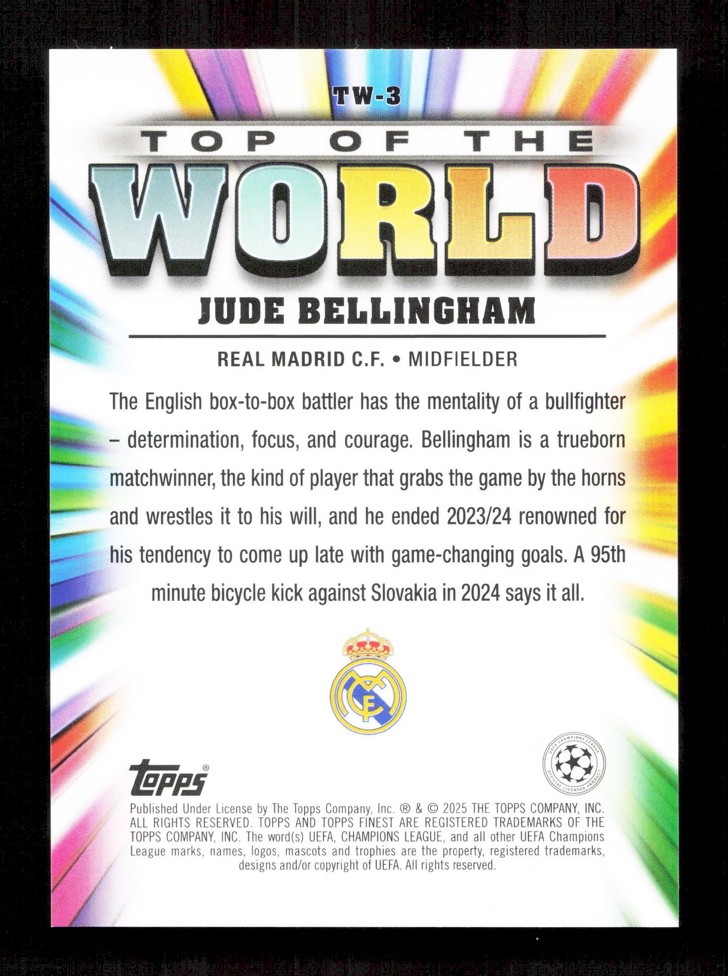 Topps Jude Bellingham Black Top Of The World Parallel Card /10 Finest UEFA Club Competitions 2024-25