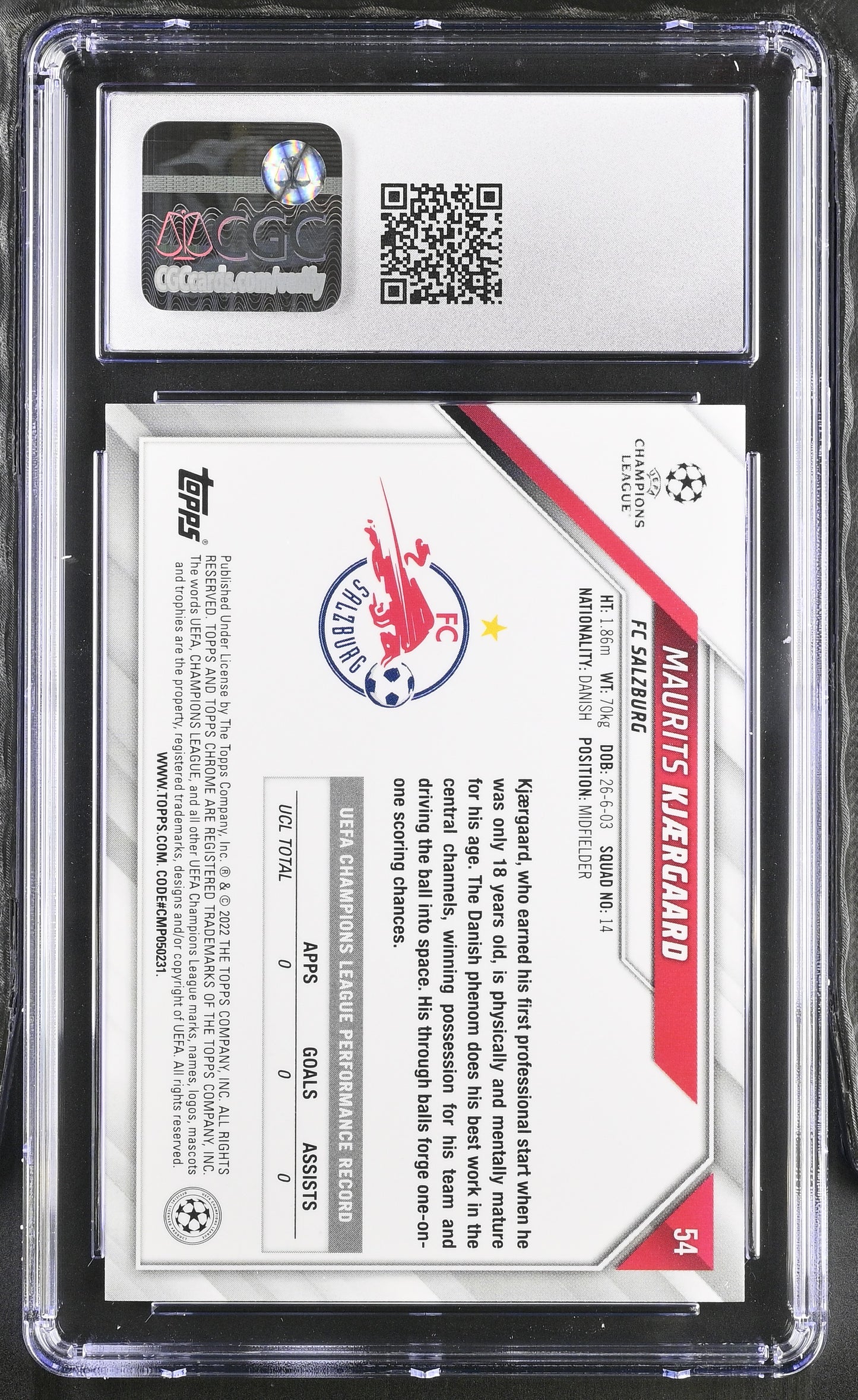 Topps Maurits Kjaergaard Base Card RC Chrome UEFA Club Competitions 2021-22 #54 CGC10