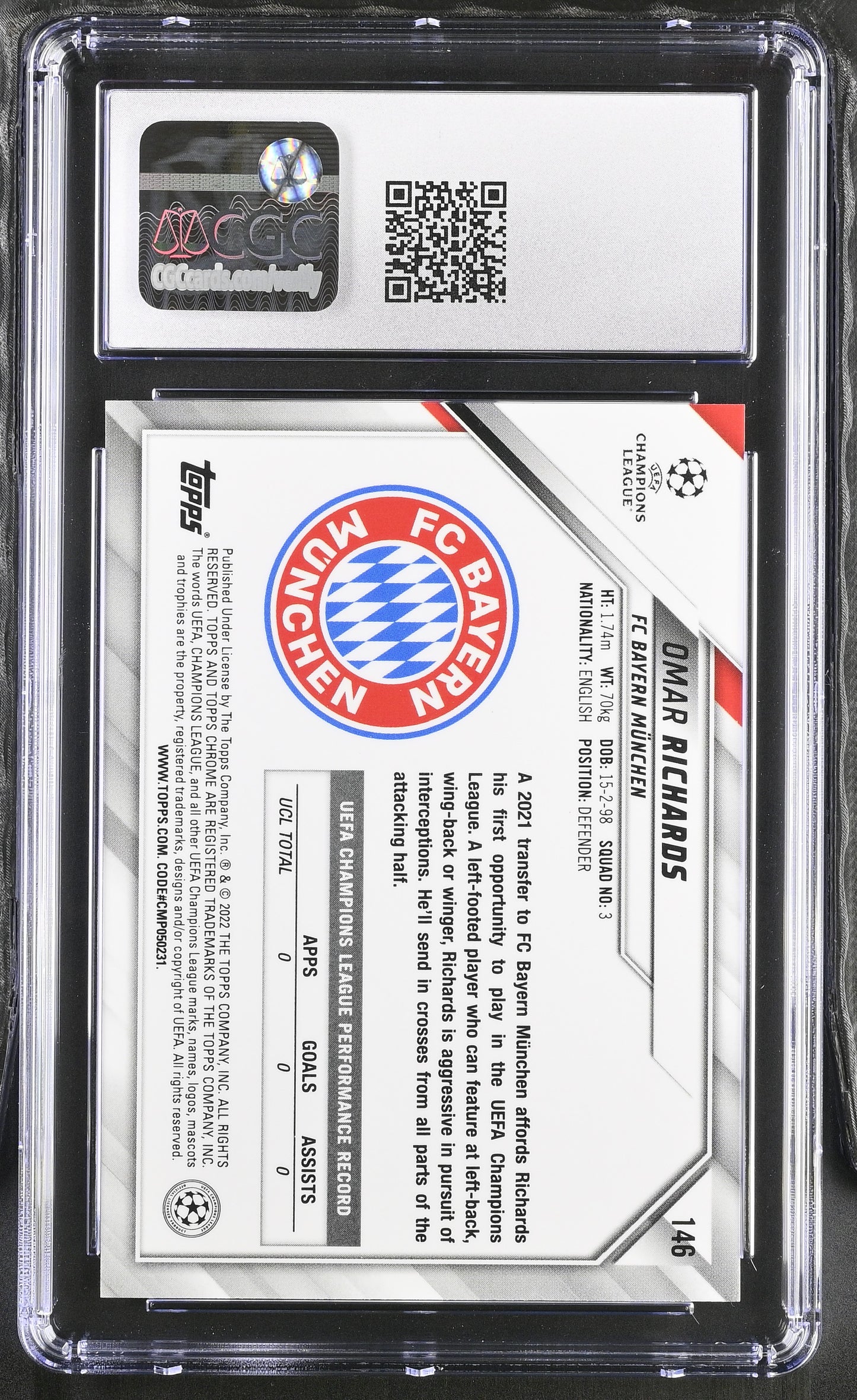 Topps Omar Richards Base Card RC Chrome UEFA Club Competitions 2021-22 #146 CGC10