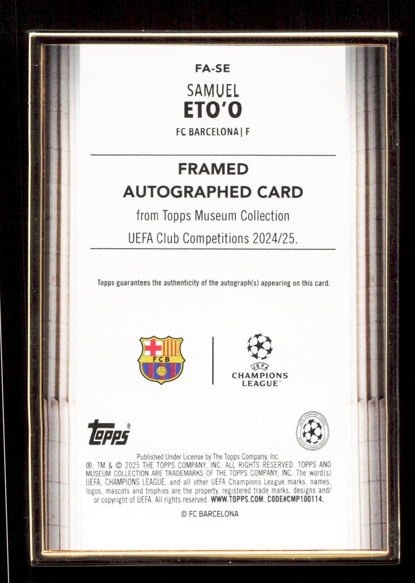 Topps Samuel Eto'o Blue Gold Framed Autograph Card /75 Museum Collection UEFA Club Competitions 2024-25