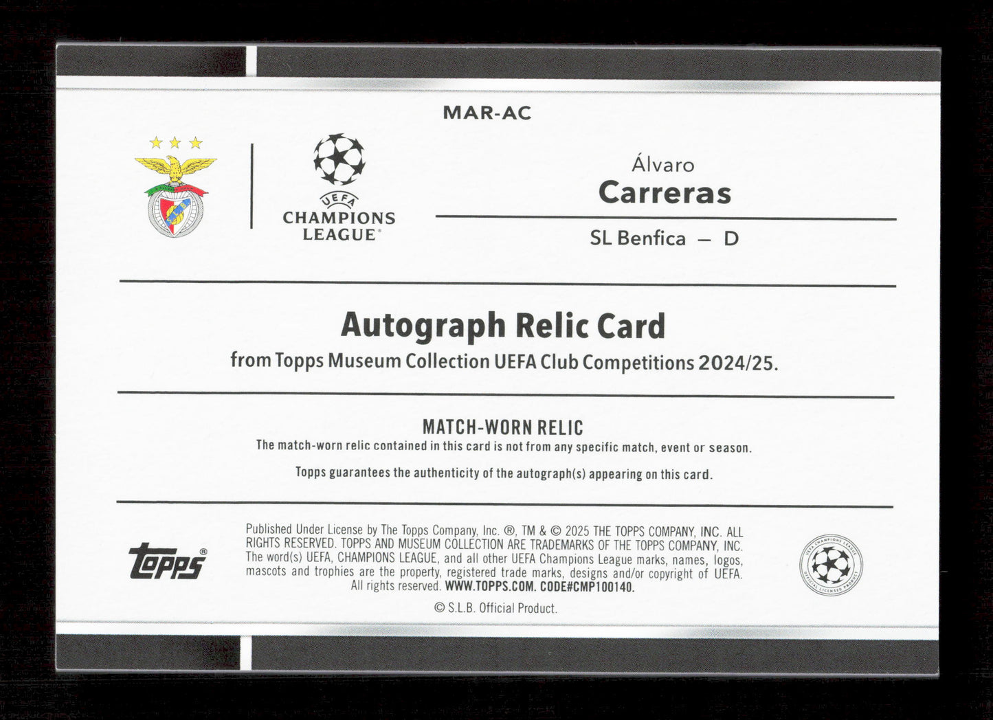 Topps Alvaro Carreras Red Autograph Match-Worn Relic Card /25 RC Museum Collection UEFA Club Competitions 2024-25