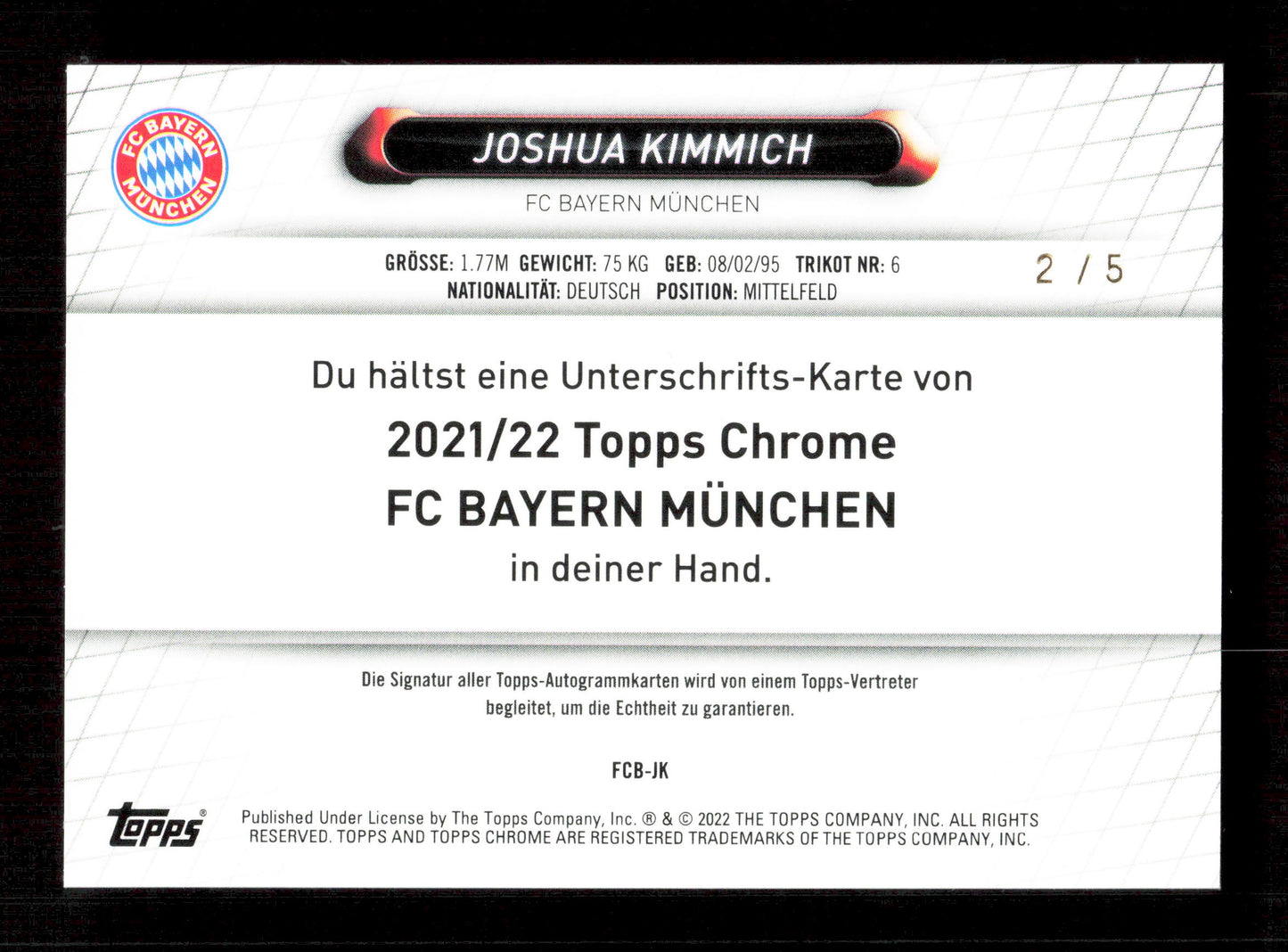 Topps Joshua Kimmich Red On Card Autograph Card /5 Chrome FC Bayern Munchen 2021-22
