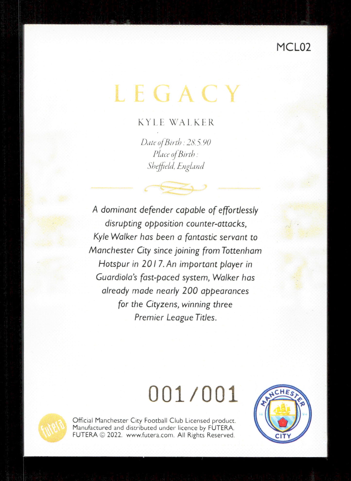 Futera Kyle Walker Legacy 1/1 Card Futera Manchester City 2022