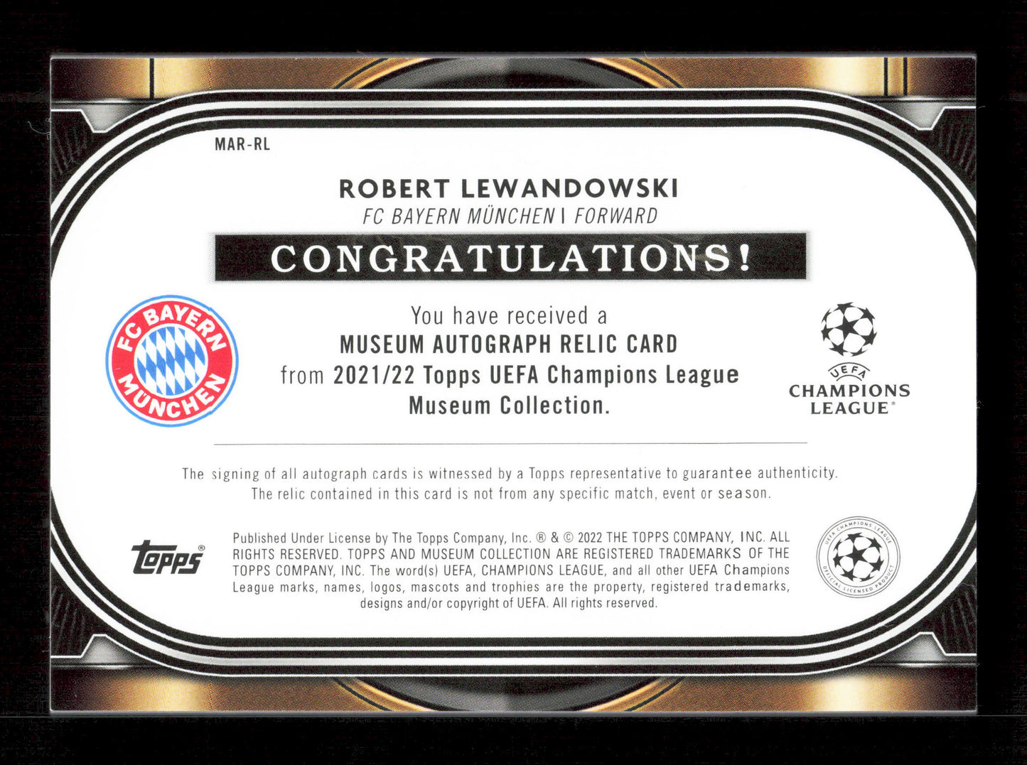 Topps Robert Lewandowski Red Museum Autograph Relic Card /25 Topps Museum UCL 2021/22