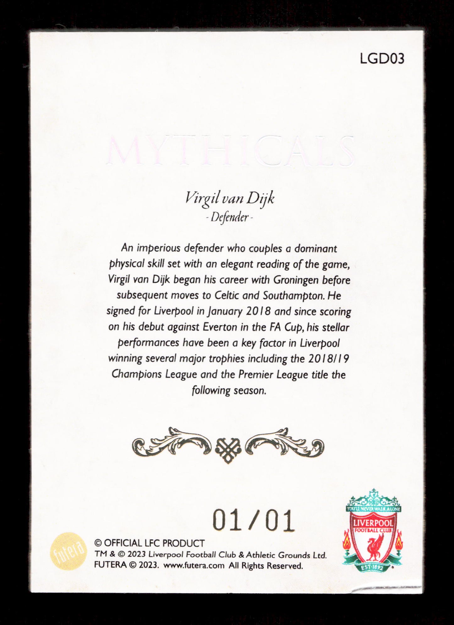 Futera Virgil Van Dijk Mythicals Gold Frame 1/1 Card Futera Liverpool 2023