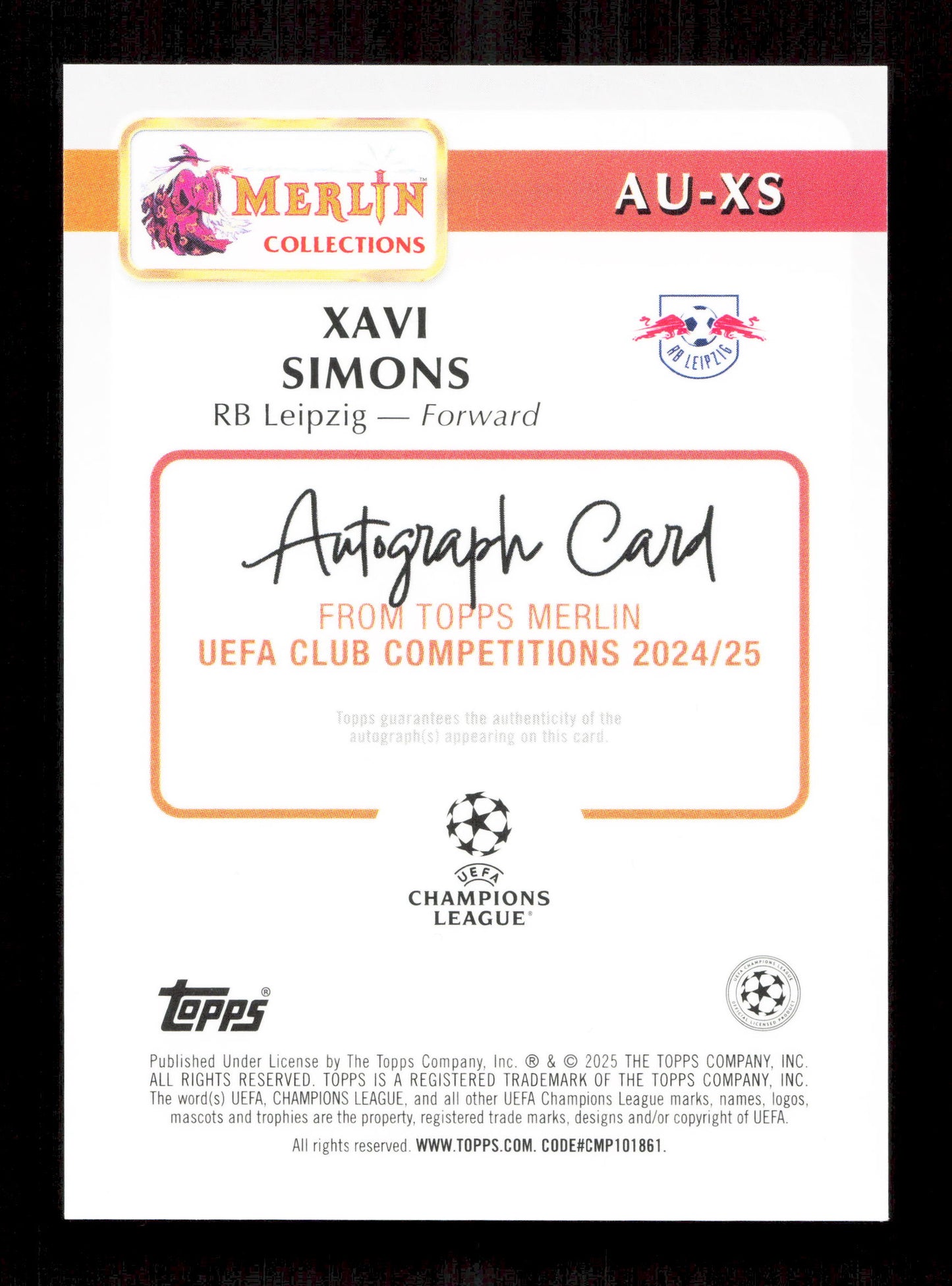 Topps Xavi Simons Red Mojo Autograph Card /5 Merlin UEFA Club Competitions 2024-25