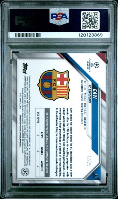 Topps Gavi Blue Wave Refractor RC 17/75 #25 2021-22 Chrome UCL PSA 9