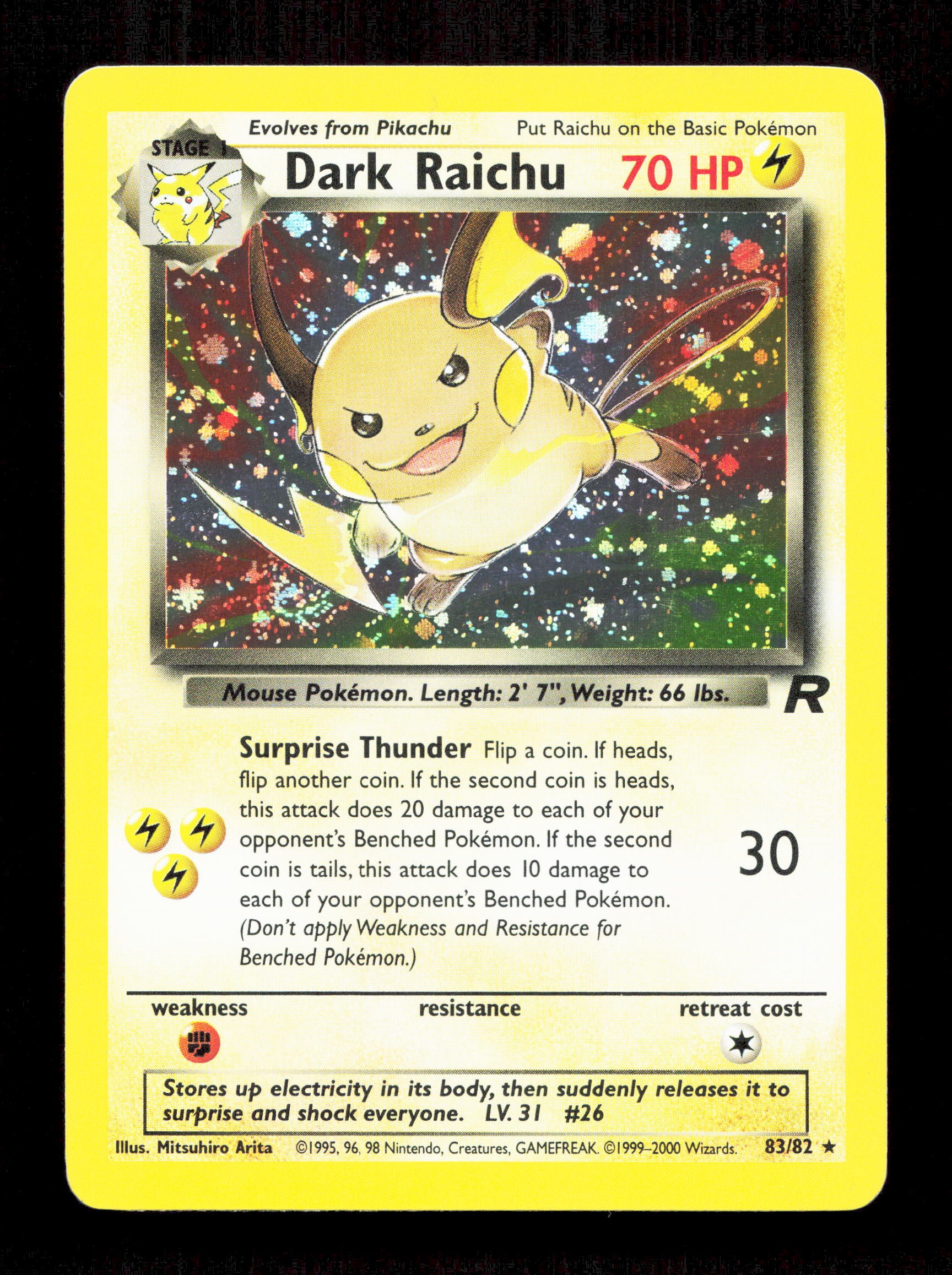 what was the first secret rare pokemon card Pokemon Dark Raichu 83/82 Holo Secret Rare 2000 Team Rocket