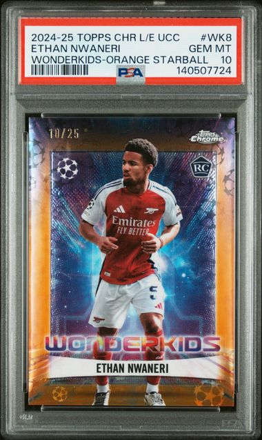Topps Ethan Nwaneri 10/25 Wonderkids Orange Starball RC 2024/25 Chrome UCC Logofractor PSA 10