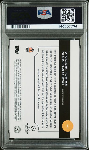 Topps Vinicius Tobias 52/75 Yellow RC 2024/25 Sapphire UCC PSA 9