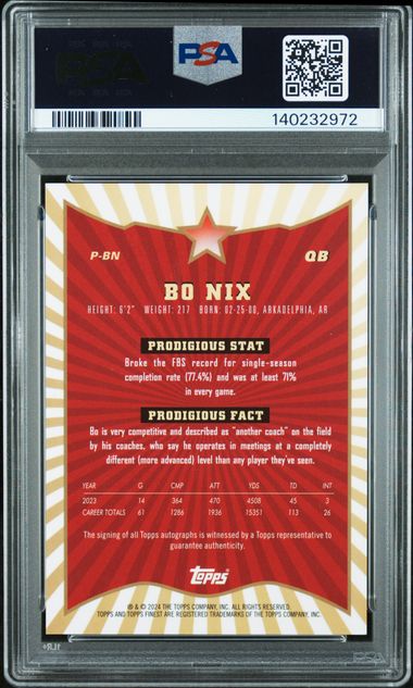 Topps Bo Nix Prodigies Autograph Gold Refractor 02/50 2024 Finest NFL PSA 9