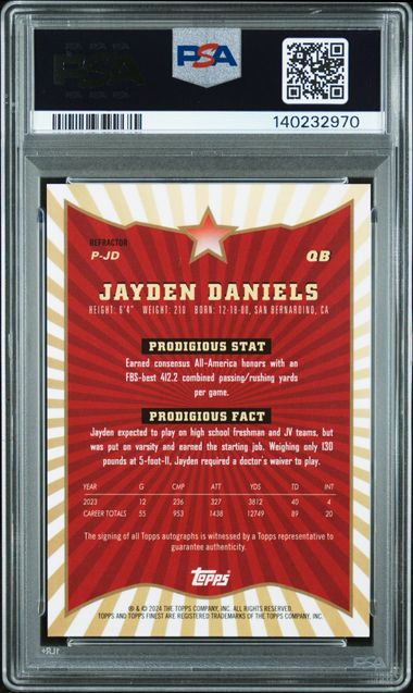 Topps Jayden Daniels Prodigies Autograph Refractor #PJD 2024 Finest NFL PSA 10