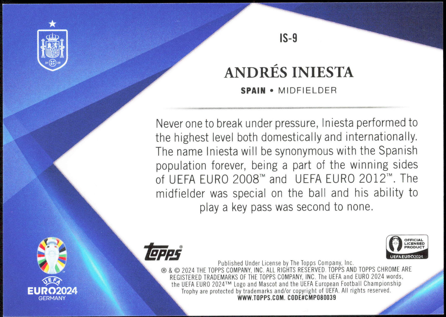 Topps Andres Iniesta Infinite Sapphire IS-9 Chrome 2024 Uefa Euros