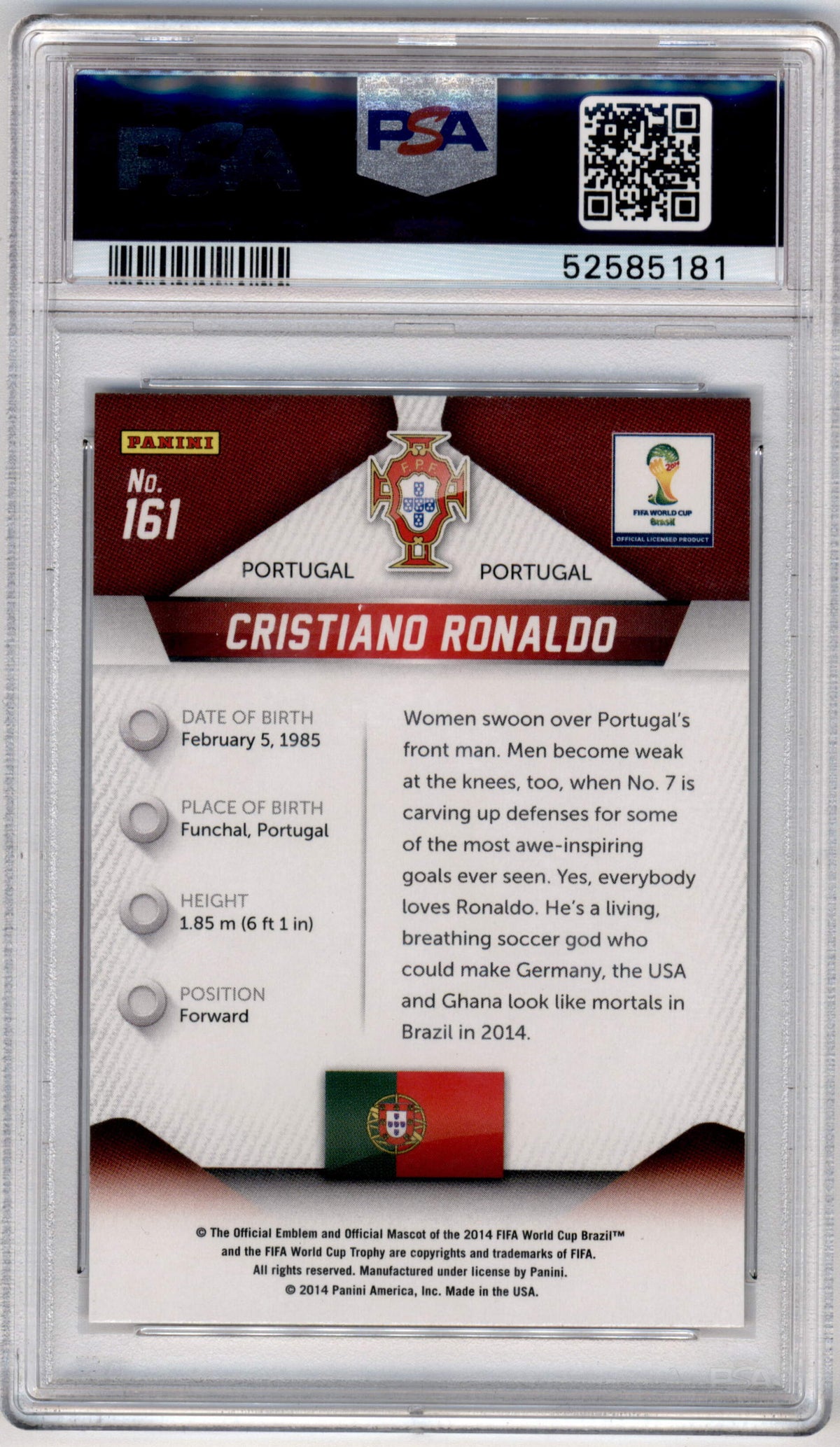 Panini Cristiano Ronaldo #161 2014 2014 Panini Prizm World Cup PSA 9