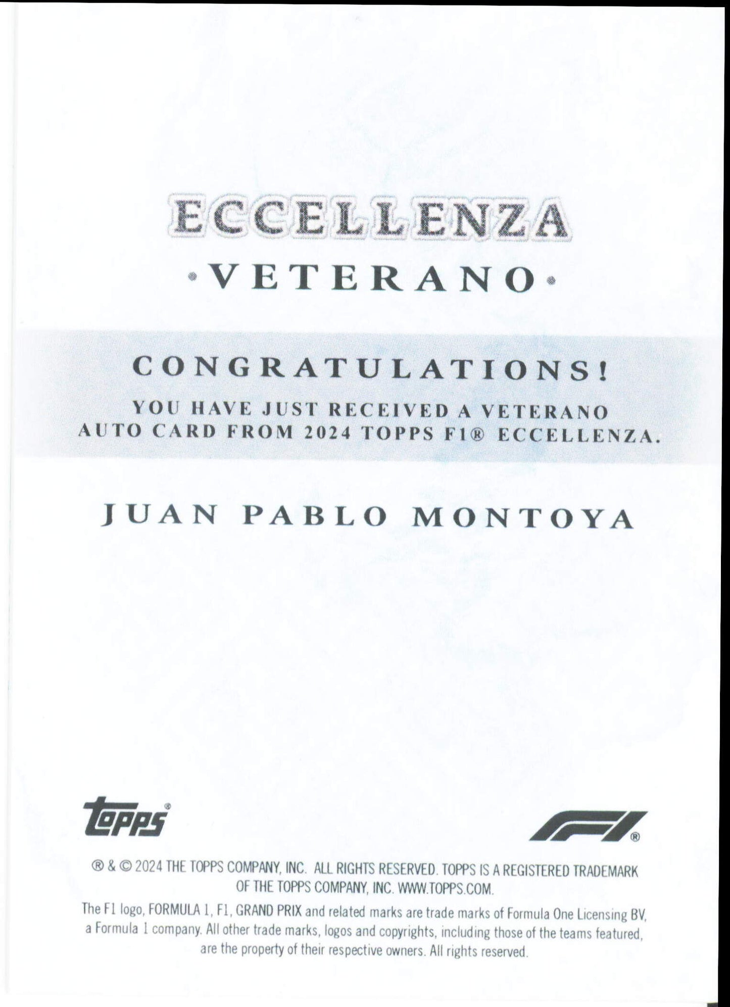 Topps Juan Pablo Montoya 28/49 Autograph Veterano 2024 Formula 1 Eccellenza