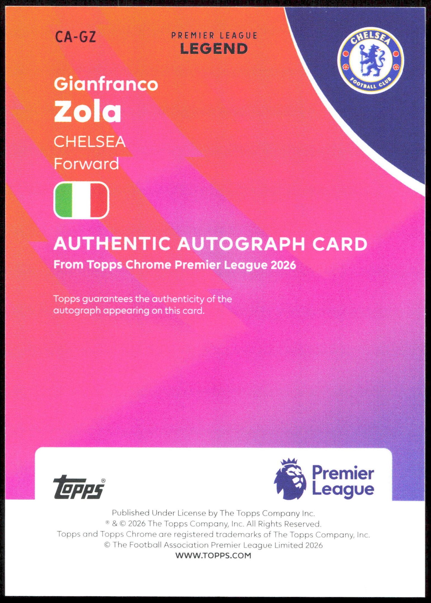 Topps Gianfranco Zola Autograph Black Wave 7/10 CA-GZ Chrome Premier League 2026
