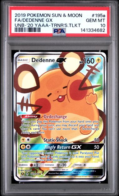 Pokemon Dedenne GX 195a/214 Full Art 2019 Unbroken Bonds Trainer's Toolkit Promo PSA 10