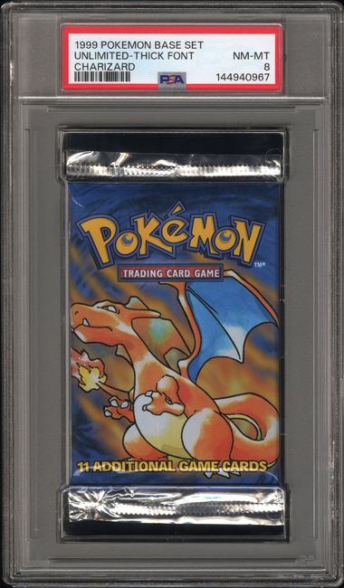 Pokemon Base Set Unlimited Thick Font Booster Pack 1999 (Charizard) PSA 8