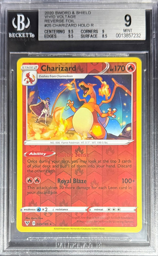 Pokemon Charizard 25/185 Holo Reverse Foil Pokemon Sword & Shield Vivid Voltage 2020 Beckett BGS 9
