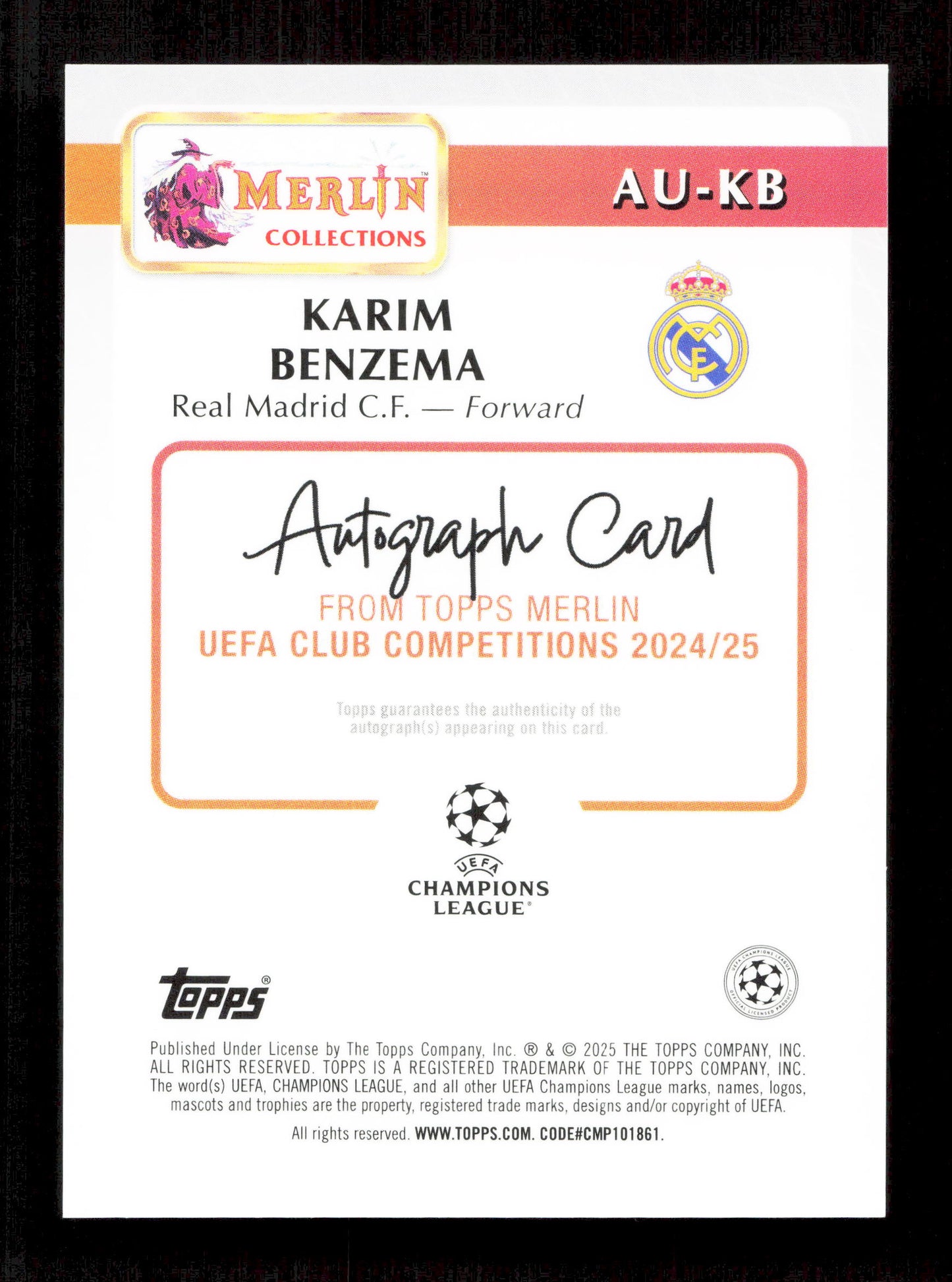 Topps Karim Benzema Autograph 29/50 Gold AU-KB Uefa Club Competitions Merlin Collections 2024/25