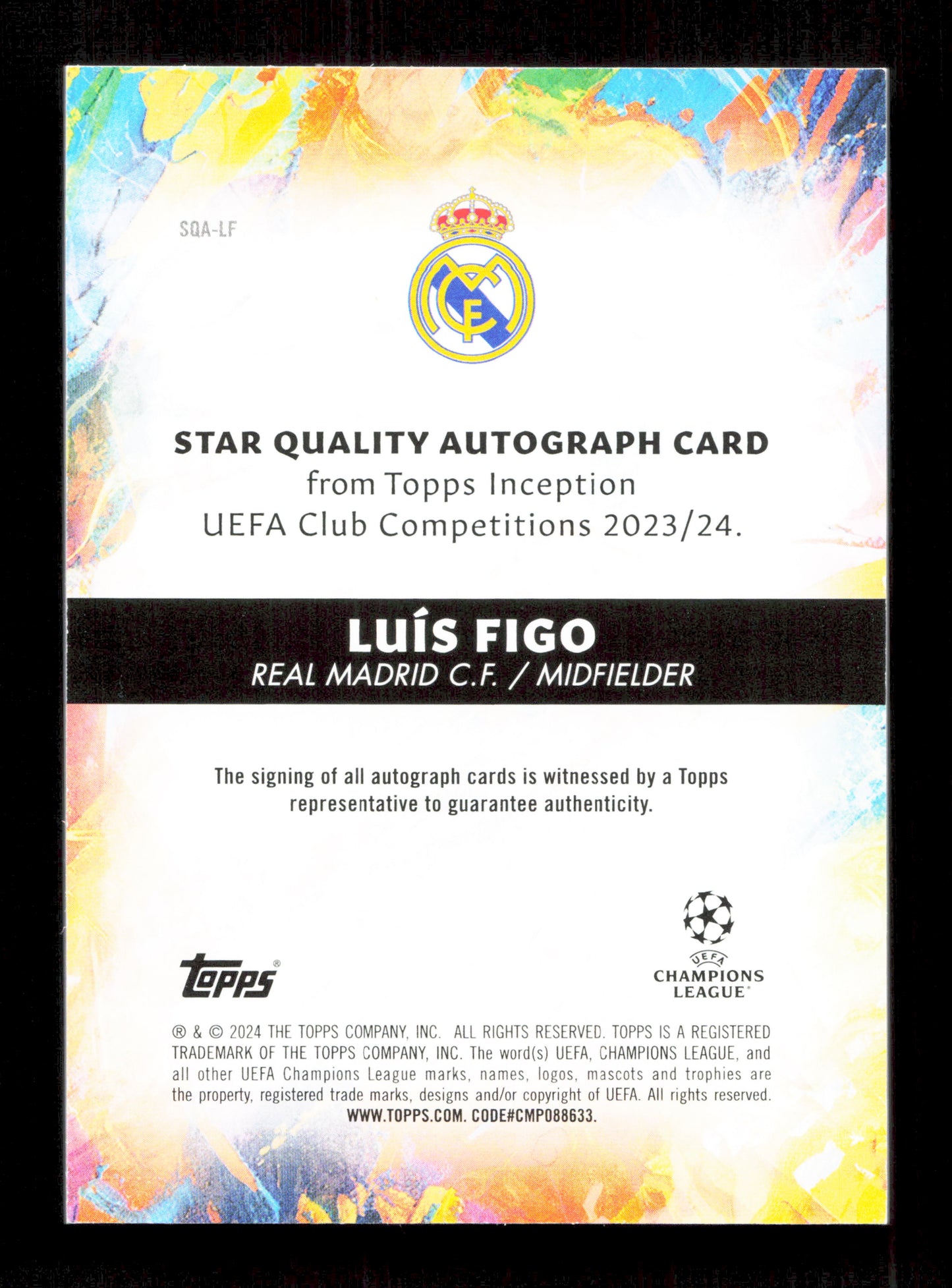 Topps Luis Figo Blue Star Quality Autograph Card /49 Inception UEFA Club Competitions 2023-24