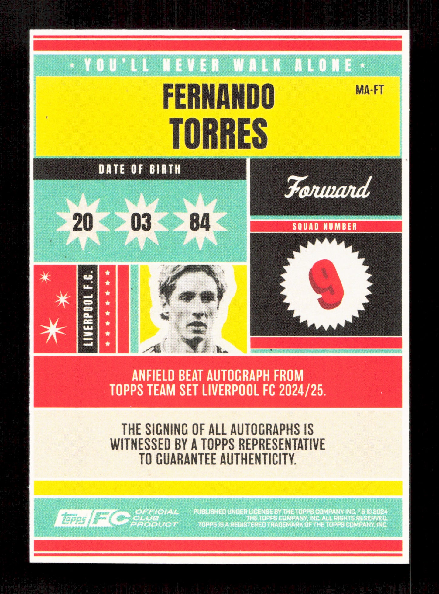 Topps Fernando Torres You'll Never Walk Alone Autograph Card /99 Liverpool FC Team Set 2024