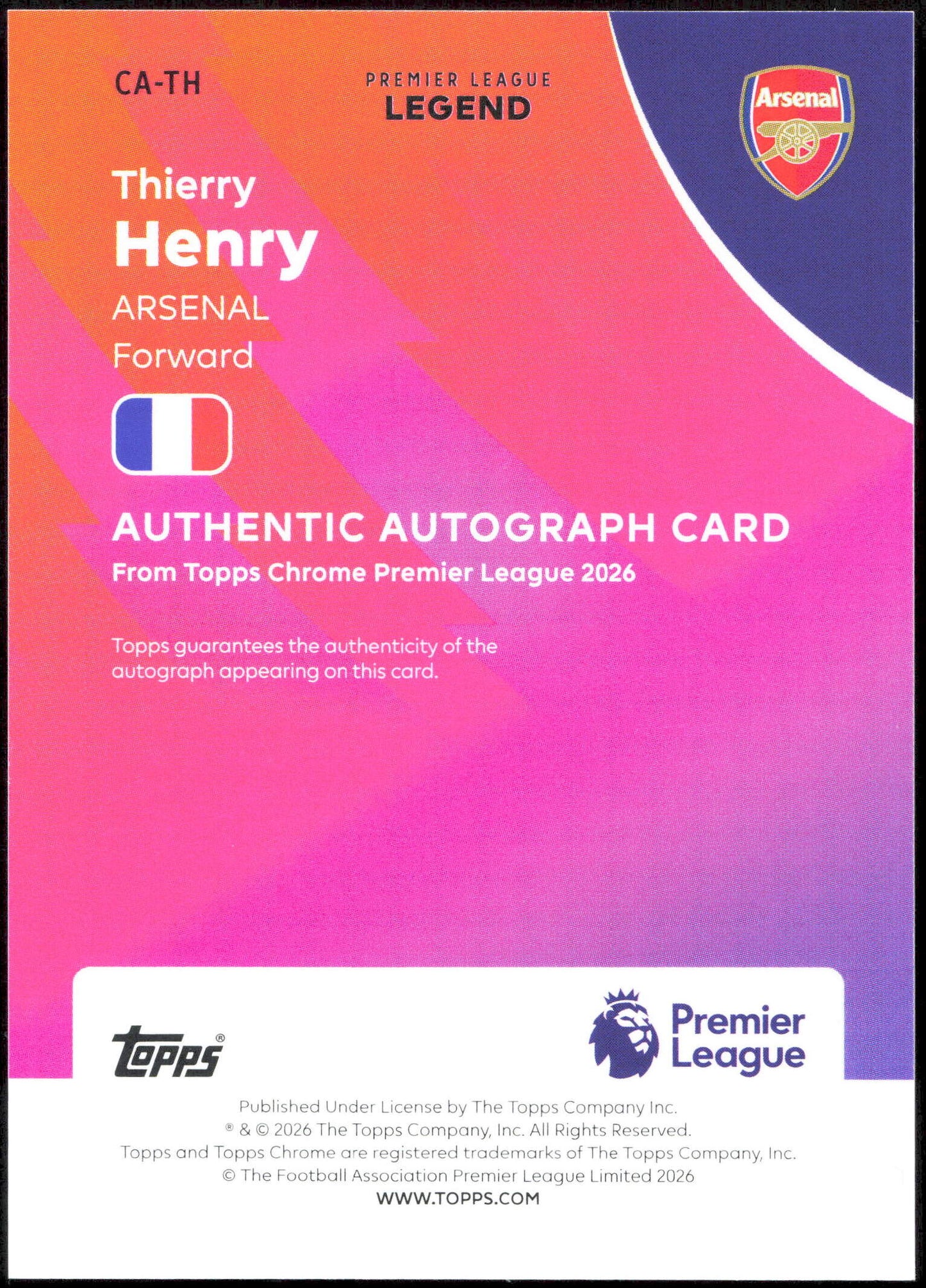Topps Thierry Henry 09/50 Autograph Gold Wave CA-TH Chrome Premier League 2026