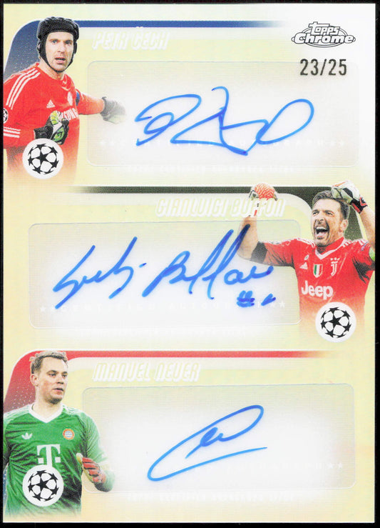 Topps Petr Cech, Gianluigi Buffon, Manuel Neuer Triple Autograph 23/25 CTA-CBN Chrome Uefa Club Competitions 2025/26
