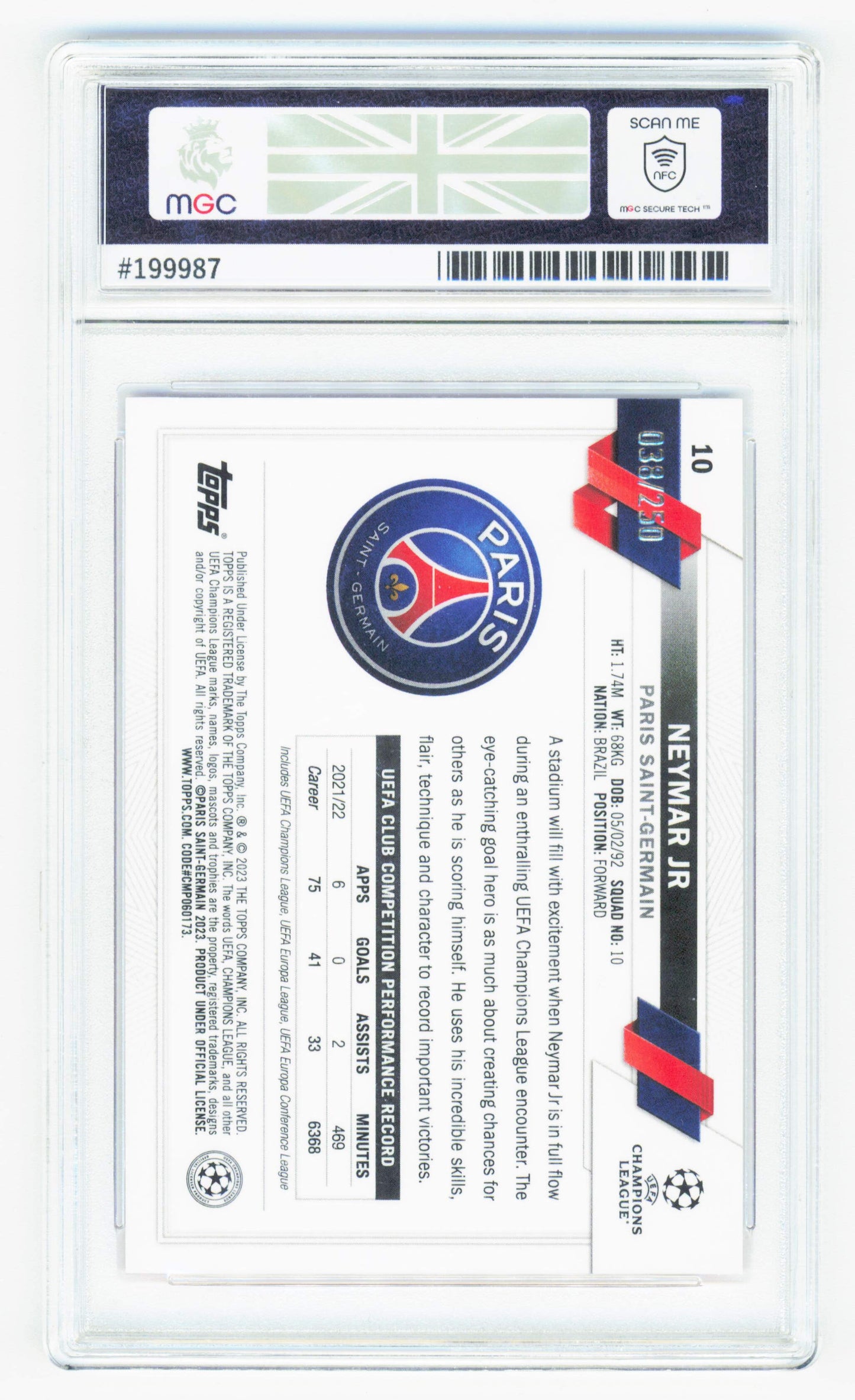 Topps Neymar Jr 038/250 Pink X-Fractor 2022-23 Chrome Uefa Club Competitions MGC 9