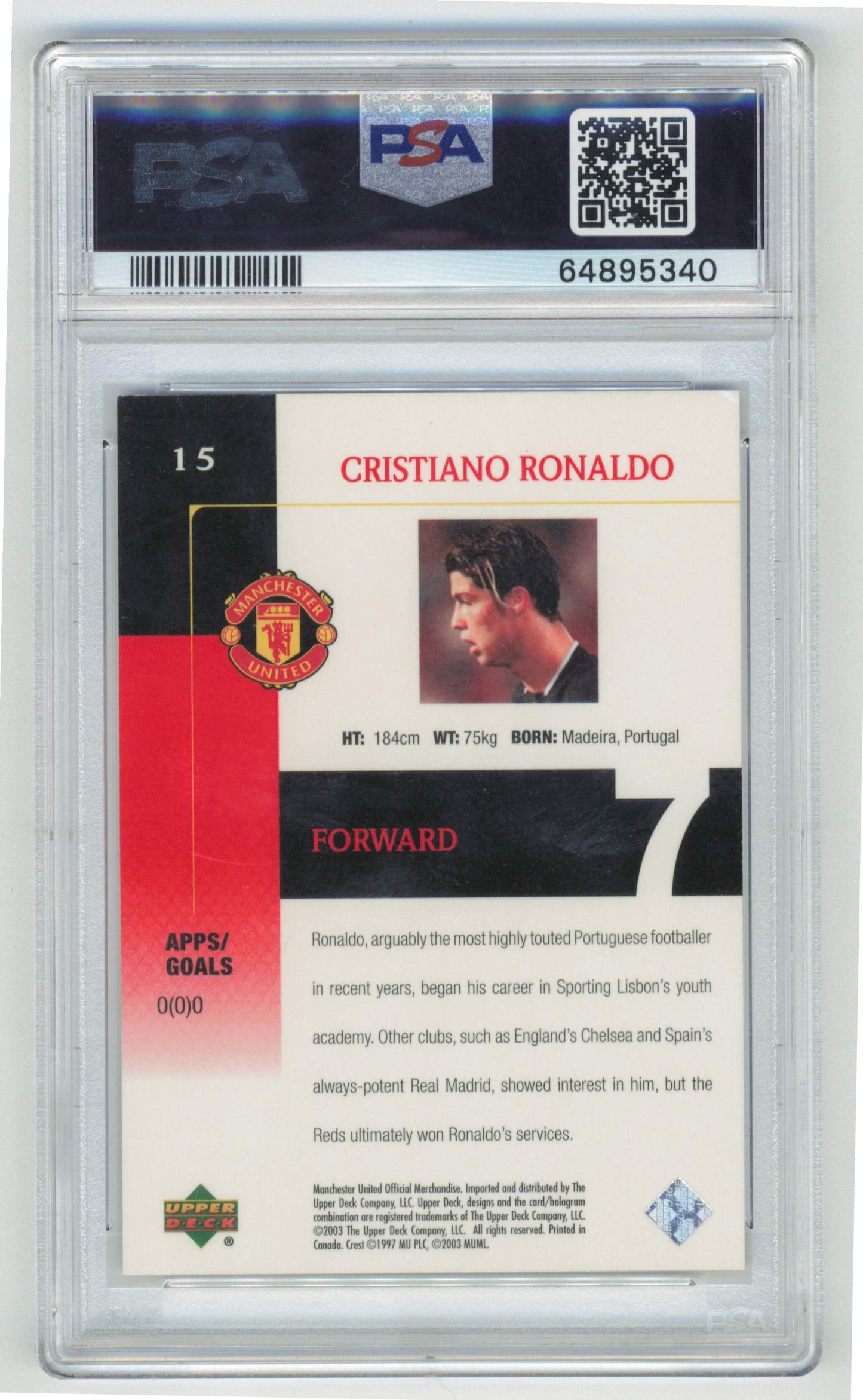 Upper Deck Cristiano Ronaldo #15 2003 Manchester United PSA 7