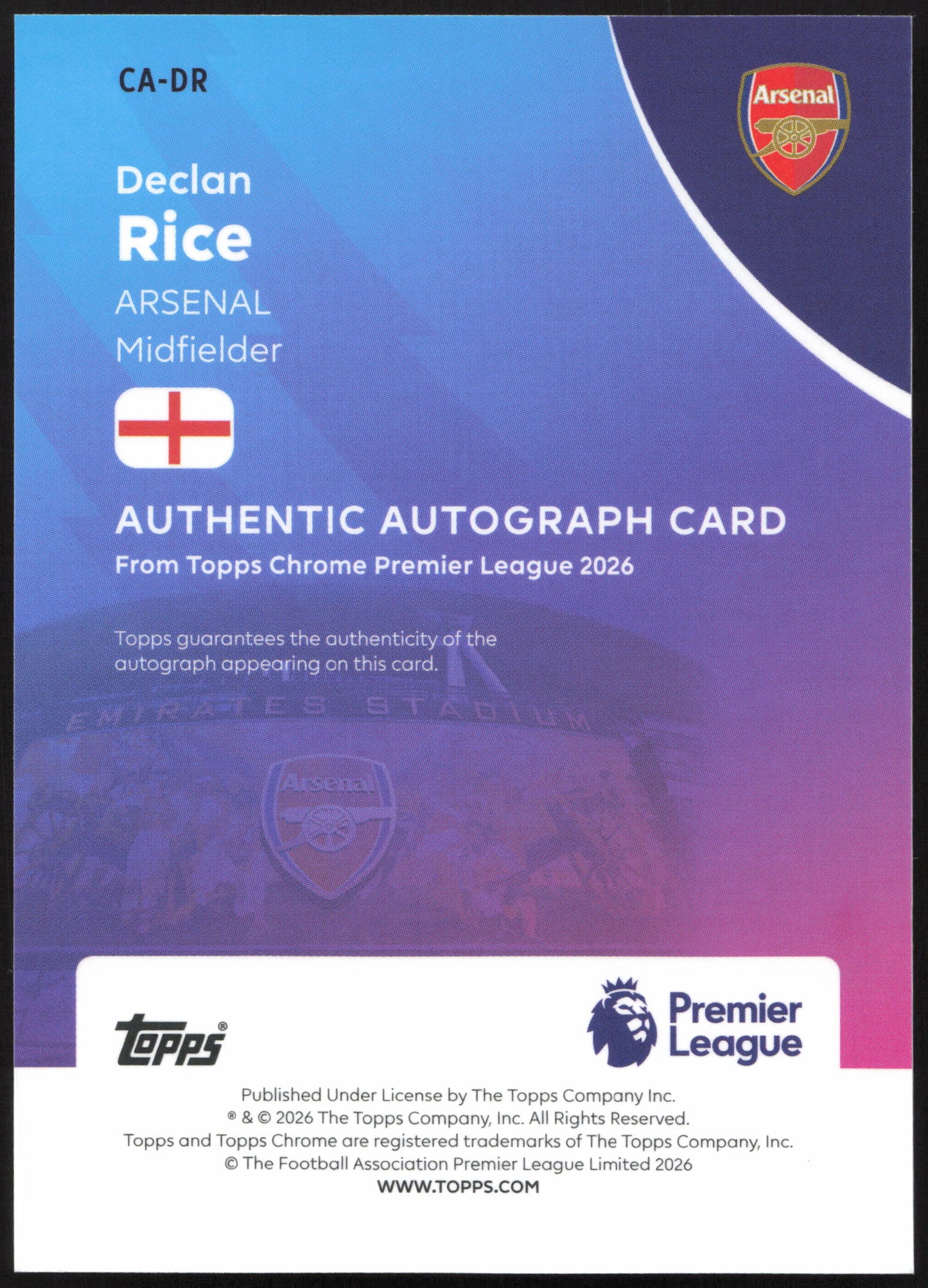 Topps Declan Rice Autograph Card 45/75 CA-DR Chrome Premier League 2026