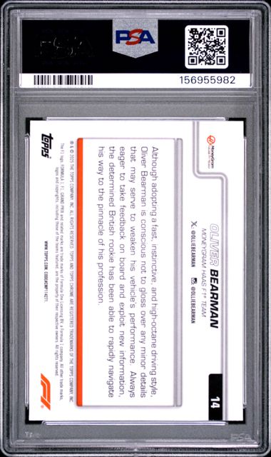Topps Oliver Bearman RC Sapphire #14 2025 Chrome Forumla 1 Sapphire PSA 9