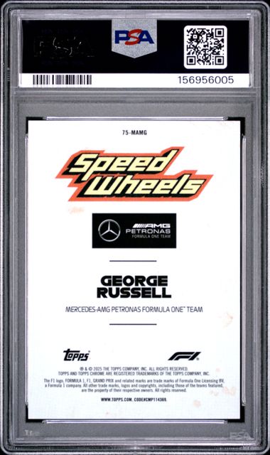 Topps George Russell 07/50 1975 Speed Wheels Gold Logofractor 75/AMG 2025 Chrome Formula 1 Logofractor PSA 10