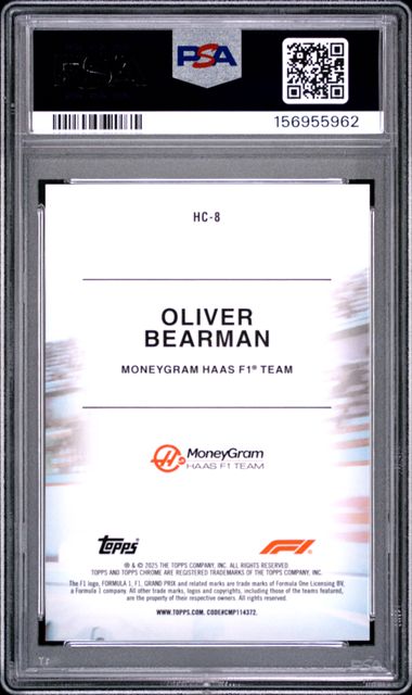 Topps Oliver Bearman 31/50 Gold Sapphire Helmet Collection 2025 Chrome Formula 1 Sapphire PSA 9