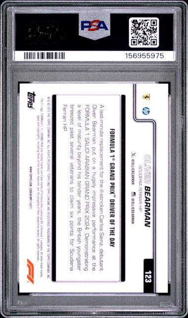 Topps Oliver Bearman RC 04/50 Gold Sapphire #123 2025 Chrome Sapphire Formula 1 PSA 10