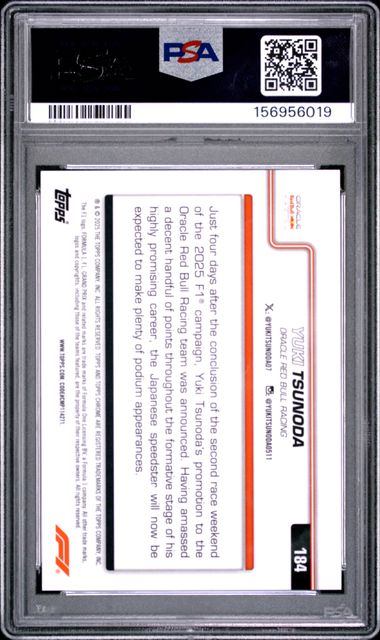 Topps Yuki Tsunoda 01/10 Black Logofractor #184 2025 Chrome Formula 1 Logofractor PSA 10