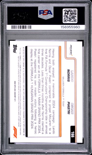 Topps Norris/Piastri 15/25 Sapphire Orange #166 2025 Chrome Formula 1 Sapphire PSA 9