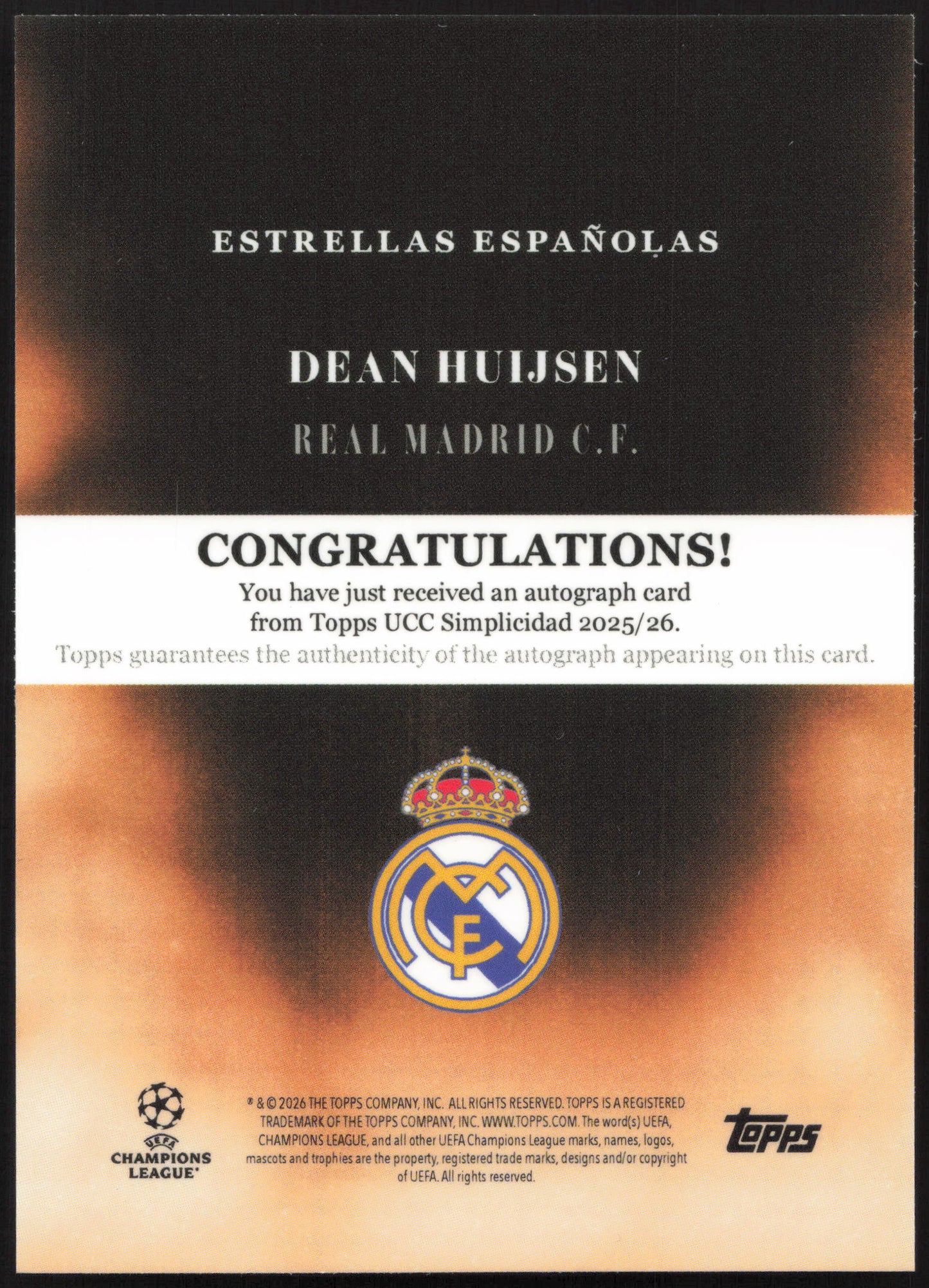Topps Dean Huijsen Autograph Card 22/25 UCC Simplicidad 2025/26