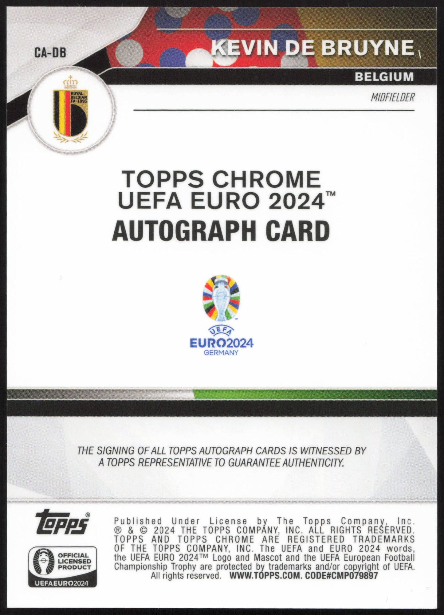 Topps Kevin De Bruyne Autograph 06/25 CA-DB Chrome Sapphire UEFA EURO 2024